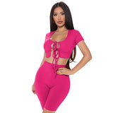 Sexy Knitted Two Piece Set Women Bandage Hollow Crop Top+Biker Shorts Joggers Women Tracksuit Streetwear Club Outfits