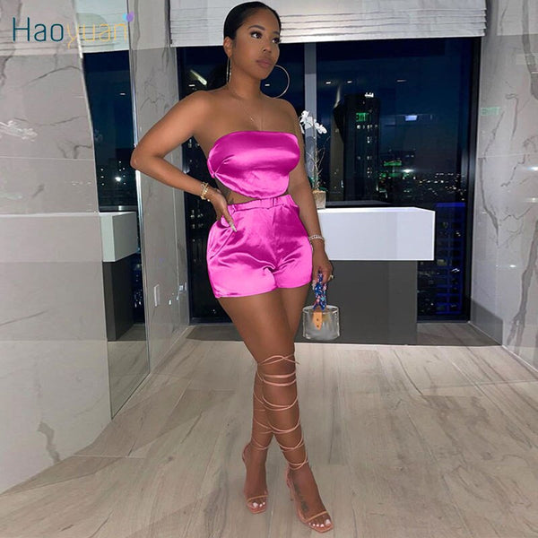 HAOYUAN Sexy Satin Two Piece Club Set Strapless Crop Top Biker Shorts for Women Homewear Summer Outfits Loungewear Matching Sets
