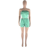 HAOYUAN Sexy Satin Two Piece Club Set Strapless Crop Top Biker Shorts for Women Homewear Summer Outfits Loungewear Matching Sets
