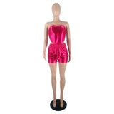 HAOYUAN Sexy Satin Two Piece Club Set Strapless Crop Top Biker Shorts for Women Homewear Summer Outfits Loungewear Matching Sets