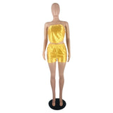 HAOYUAN Sexy Satin Two Piece Club Set Strapless Crop Top Biker Shorts for Women Homewear Summer Outfits Loungewear Matching Sets