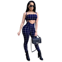 Fashion Black and White Plaid Bodycon Jumpsuit Women Summer Club Rompers Sexy Two Piece Set Strapless Crop Top + Club Overalls