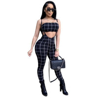 Fashion Black and White Plaid Bodycon Jumpsuit Women Summer Club Rompers Sexy Two Piece Set Strapless Crop Top + Club Overalls