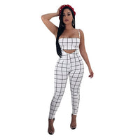 Fashion Black and White Plaid Bodycon Jumpsuit Women Summer Club Rompers Sexy Two Piece Set Strapless Crop Top + Club Overalls