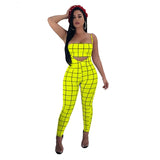 Fashion Black and White Plaid Bodycon Jumpsuit Women Summer Club Rompers Sexy Two Piece Set Strapless Crop Top + Club Overalls
