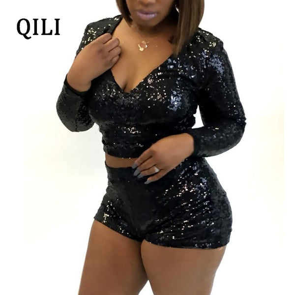 QILI New Women Sequined Jumpsuit Rompers Long Sleeve V-neck Zipper Two Piece Set Rompers Women Playsuits Top+Short Pants
