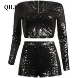 QILI New Women Sequined Jumpsuit Rompers Long Sleeve V-neck Zipper Two Piece Set Rompers Women Playsuits Top+Short Pants