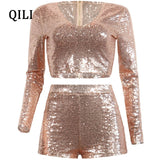 QILI New Women Sequined Jumpsuit Rompers Long Sleeve V-neck Zipper Two Piece Set Rompers Women Playsuits Top+Short Pants