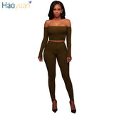 HAOYUAN Sexy Two Piece Jumpsuits Off Shoulder Long Sleeve Crop Top Bodysuit Casual Overalls Knit Bodycon Rompers Womens Jumpsuit