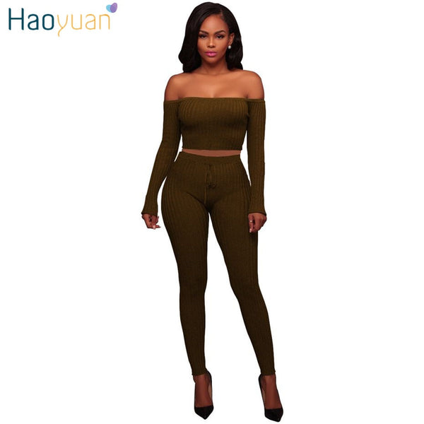 HAOYUAN Sexy Two Piece Jumpsuits Off Shoulder Long Sleeve Crop Top Bodysuit Casual Overalls Knit Bodycon Rompers Womens Jumpsuit