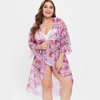 Plus Size Floral Chiffon Beach Cardigan Cover Up Women Pareo Swimwear Bikini Big Size Mesh Sheer Bathing Suit Swim Swimsuits