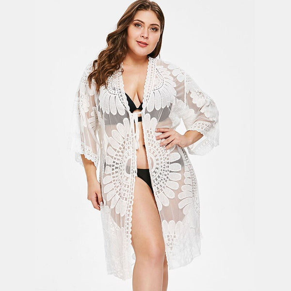 Plus Size Floral Lace White Beach Swim Cardigan Cover Ups Women Sheer Swimwear Bikini Mesh Bathing Suit Pareo Big Size Swimsuits