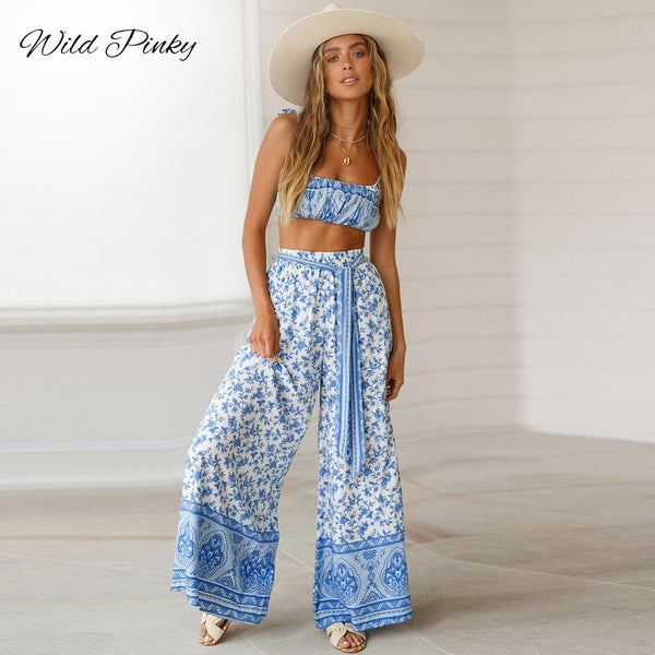 WildPinky Boho Casual Print Jumpsuit Romper Women Floral Two-piece Long Playsuits Summer Beach Loose Sashes Overalls Female