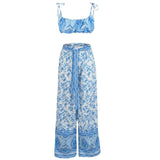 WildPinky Boho Casual Print Jumpsuit Romper Women Floral Two-piece Long Playsuits Summer Beach Loose Sashes Overalls Female