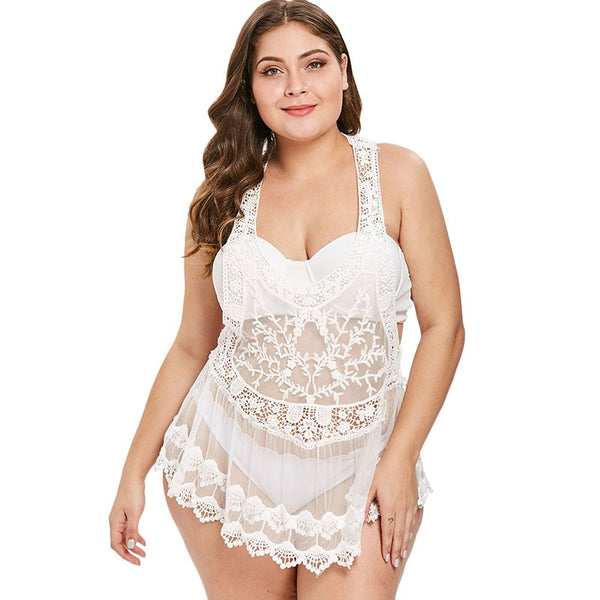 Plus Size Lace Crochet White Women Cover Up Mesh Swimsuit Bikini Pareo Swimwear Sheer Bathing Suit Beach Swim Cover Ups Big Size